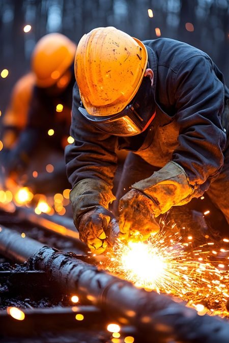 A welder wearing protective gear works on a metal pipe, sparks flying from the welding torch A welder wearing protective gear works on a metal pipe, sparks flying from the welding torch